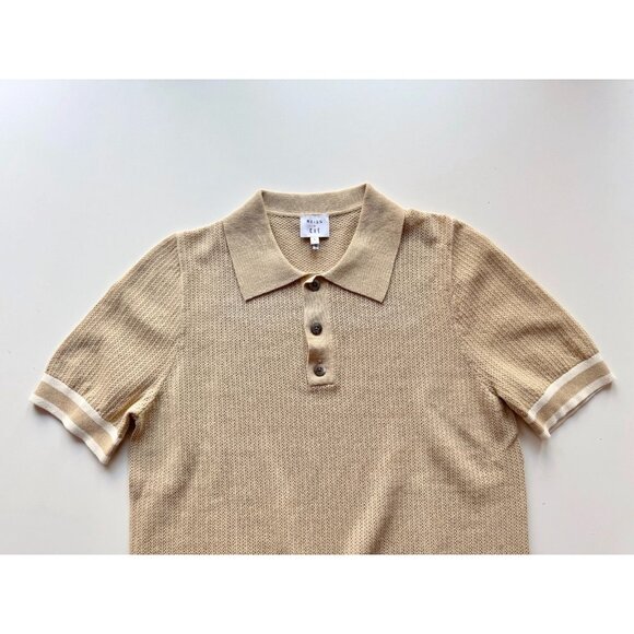 REISS x CHÉ Quinn Tan 100% Cotton Pointelle Knit Short Sleeve Polo Shirt, Size S - Picture 8 of 16